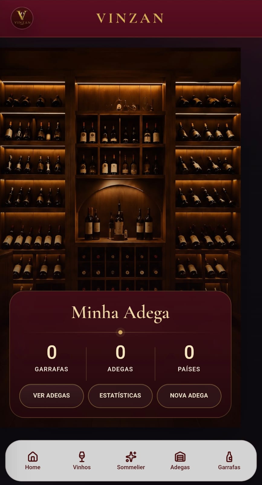 Tela da adega no aplicativo Vinsan